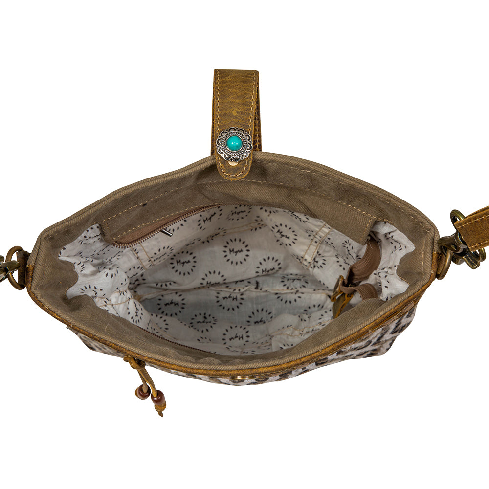 Myra Sand Weaver Shoulder Bag for Women Rustic Brown Leather, Jacquard Geometric Print, Turquoise Stone Snap for Ranch Chic