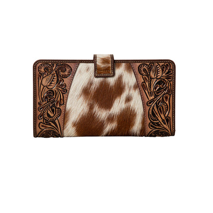 Myra Roscoe Ridge Hairon Leather Wallet for Women – Handtooled Trim, Turquoise Stone Button for Ranch-Ready Style