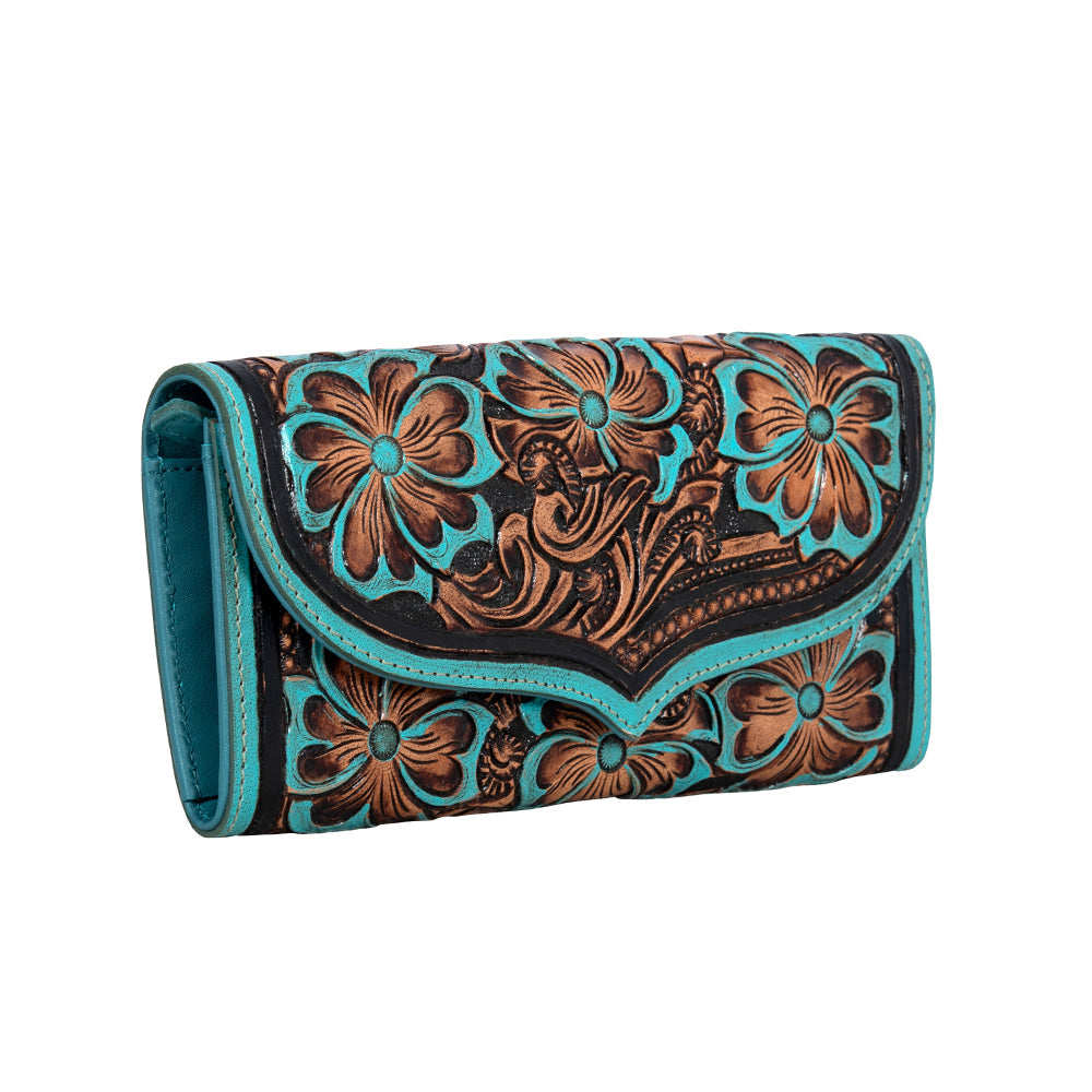 Myra Flower Crest Tooled Leather Wallet â€“ Floral Embossed with Turquoise Accents