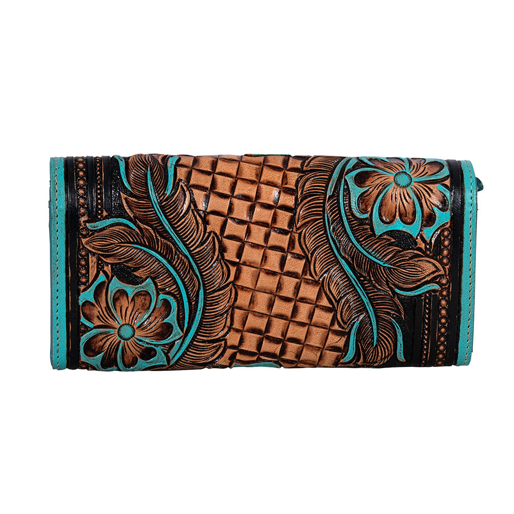 Myra Flower Crest Tooled Leather Wallet â€“ Floral Embossed with Turquoise Accents