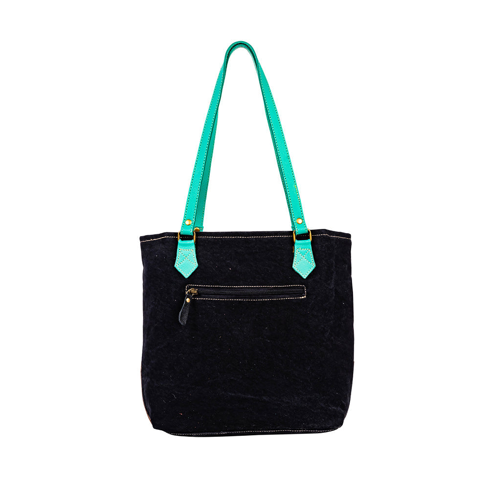 Myra Galaxy Fire Handtooled Shoulder Bag â€“ Black Sparkle Body with Aqua Leather Straps