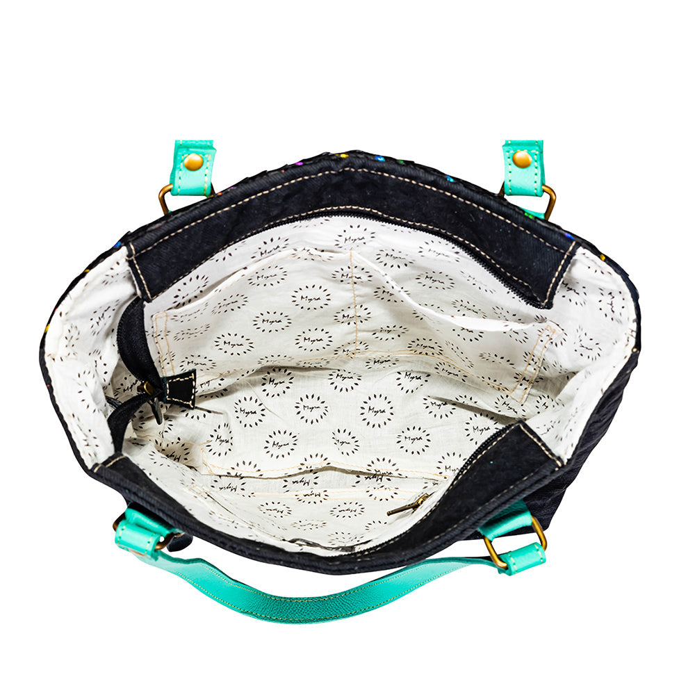 Myra Galaxy Fire Handtooled Shoulder Bag â€“ Black Sparkle Body with Aqua Leather Straps