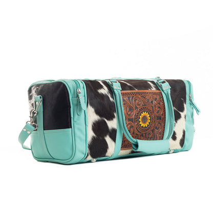 Myra Darling Mesa Turquoise Leather Duffle Bag - Hand-Tooled Cowhide Travel Bag with Sunflower Accent and Spacious Interior