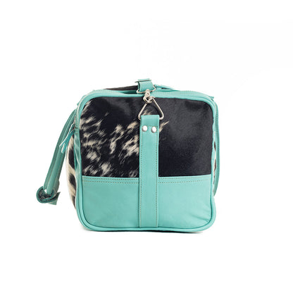 Myra Darling Mesa Turquoise Leather Duffle Bag - Hand-Tooled Cowhide Travel Bag with Sunflower Accent and Spacious Interior