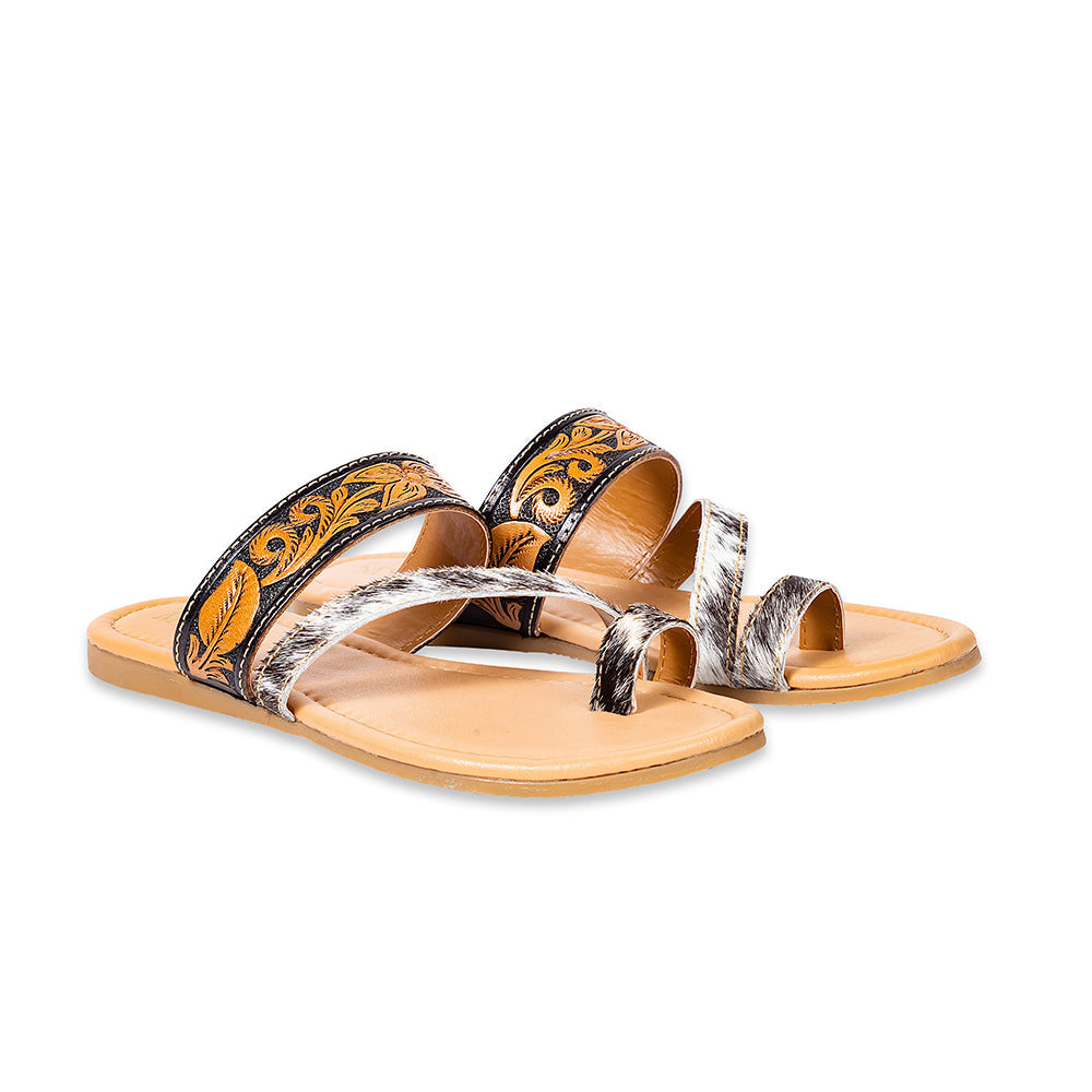 Myra Greta Lee Hair-On Leather Flip Flops for Women - Hand-Tooled Western Slippers with Flat Sole for Everyday Ease