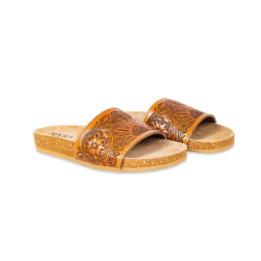 Myra Dottie Handtooled Leather Slide Sandals for Women Floral Western Tooling with Cork Sole for Casual Comfort