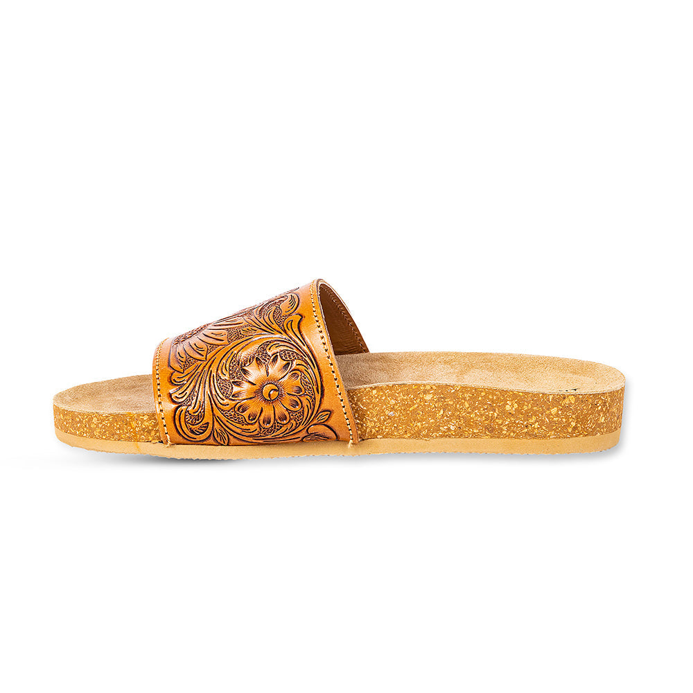 Myra Dottie Handtooled Leather Slide Sandals for Women Floral Western Tooling with Cork Sole for Casual Comfort