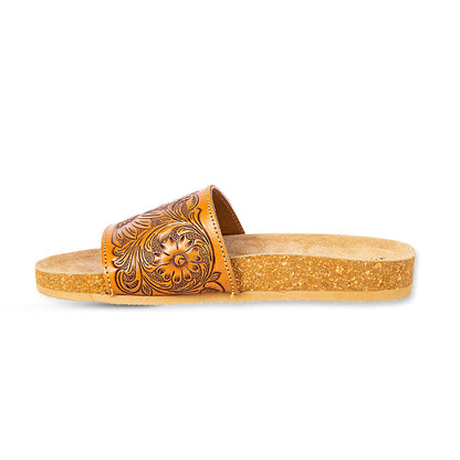 Myra Dottie Handtooled Leather Slide Sandals for Women Floral Western Tooling with Cork Sole for Casual Comfort