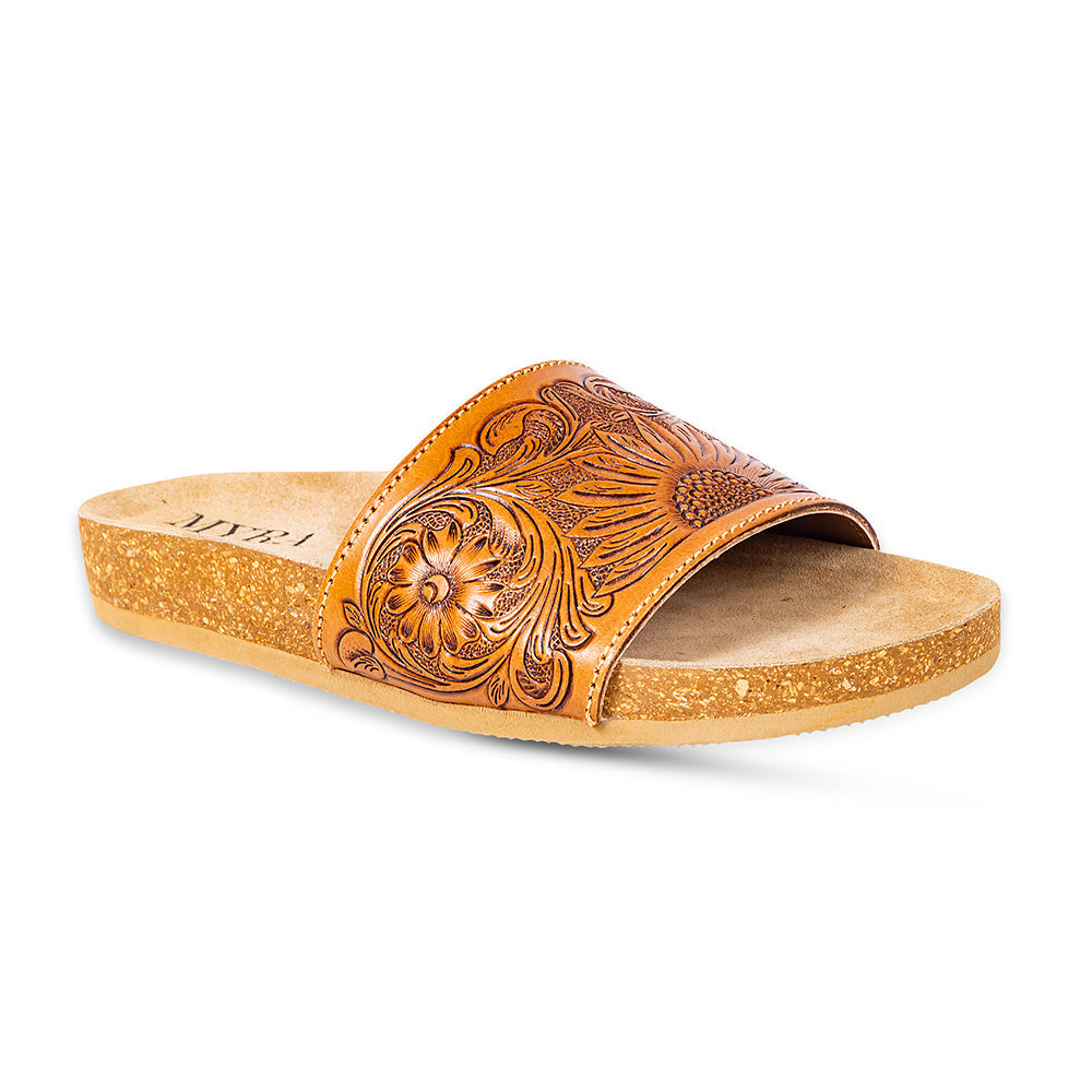 Myra Dottie Handtooled Leather Slide Sandals for Women Floral Western Tooling with Cork Sole for Casual Comfort