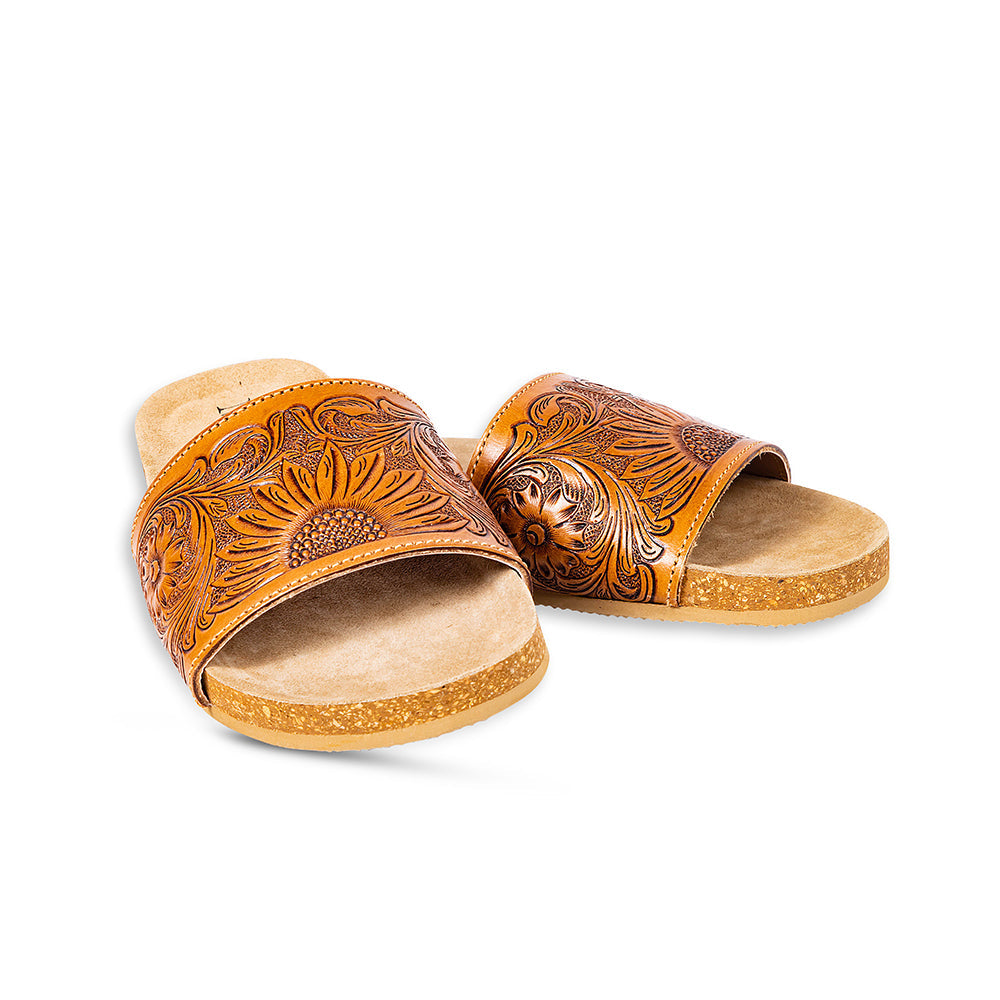 Myra Dottie Handtooled Leather Slide Sandals for Women Floral Western Tooling with Cork Sole for Casual Comfort