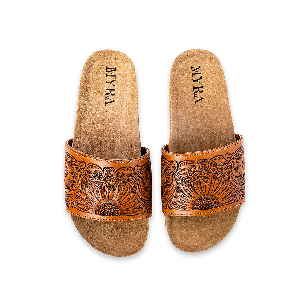 Myra Dottie Handtooled Leather Slide Sandals for Women Floral Western Tooling with Cork Sole for Casual Comfort