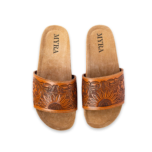 Myra Dottie Handtooled Leather Slide Sandals for Women Floral Western Tooling with Cork Sole for Casual Comfort
