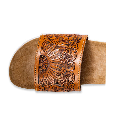 Myra Dottie Handtooled Leather Slide Sandals for Women Floral Western Tooling with Cork Sole for Casual Comfort