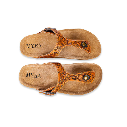 Myra Rosie Trail Handtooled Leather Sandals for Women – Cork Sole, Toe Ring Design for All-Day Comfort