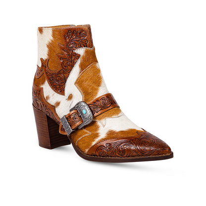 Myra Goldie Hairon Leather Boots for Women - Ankle Boots with Handtooled Leather