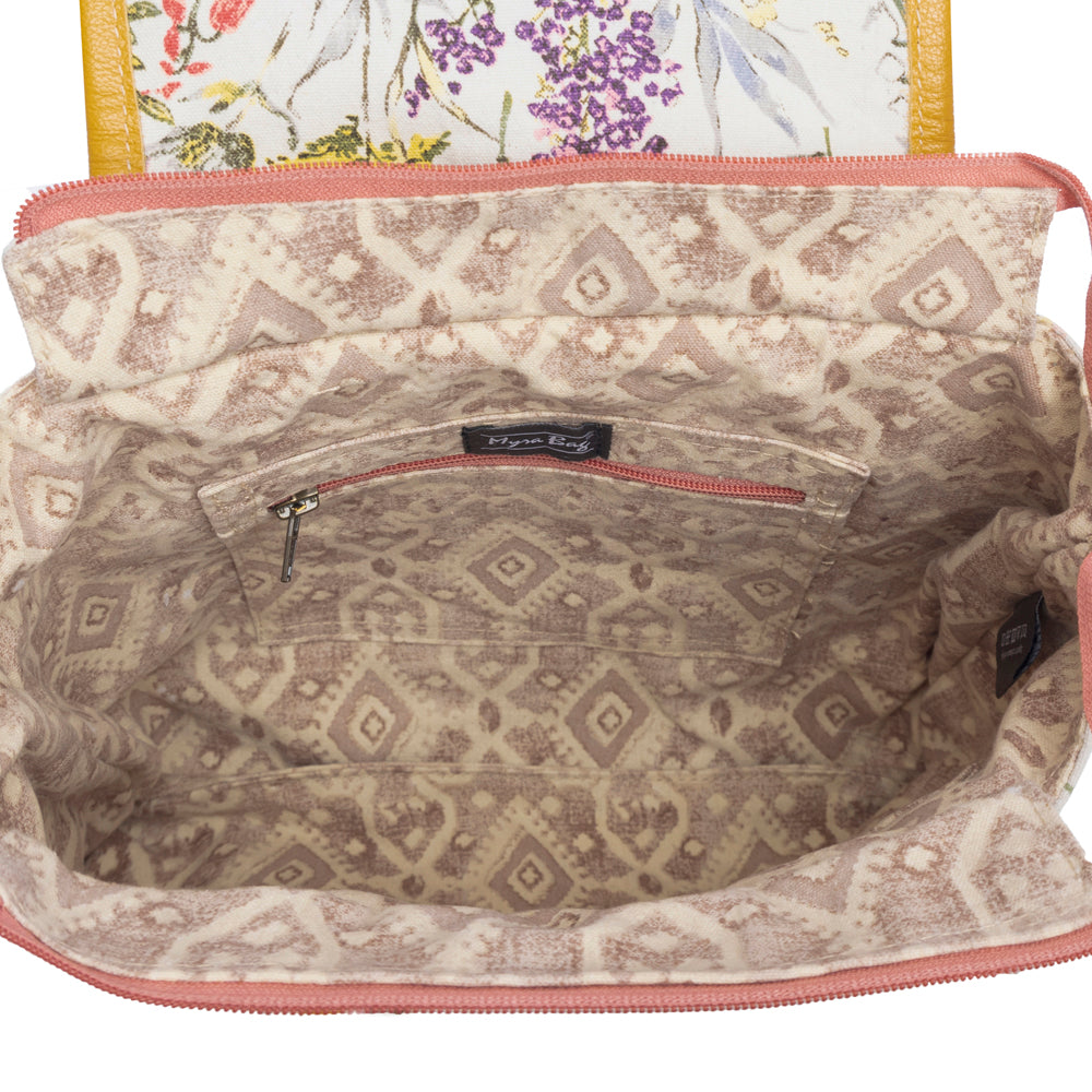 Patterned fabric inside a backpack bag with visible brand label