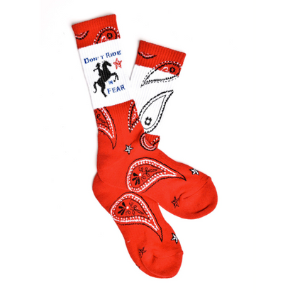 Don't Ride in Fear Red Paisley Bandana Western Cowgirl Performance Socks