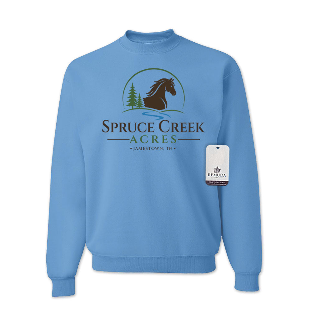 Spruce Creek Acres Adult Unisex Crewneck Sweatshirt featuring the Spruce Creek Acres community design in a Carolina Blue color. Comfortable western casual apparel celebrating the equestrian lifestyle in Tennessee's beautiful Big South Fork region.