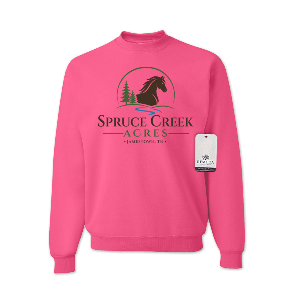 Spruce Creek Acres Adult Unisex Crewneck Sweatshirt featuring the Spruce Creek Acres community design in a Safety Pink color. Comfortable western casual apparel celebrating the equestrian lifestyle in Tennessee's beautiful Big South Fork region.