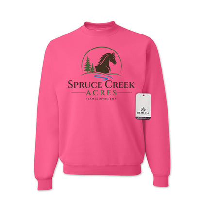 Spruce Creek Acres Adult Unisex Crewneck Sweatshirt featuring the Spruce Creek Acres community design in a Safety Pink color. Comfortable western casual apparel celebrating the equestrian lifestyle in Tennessee's beautiful Big South Fork region.