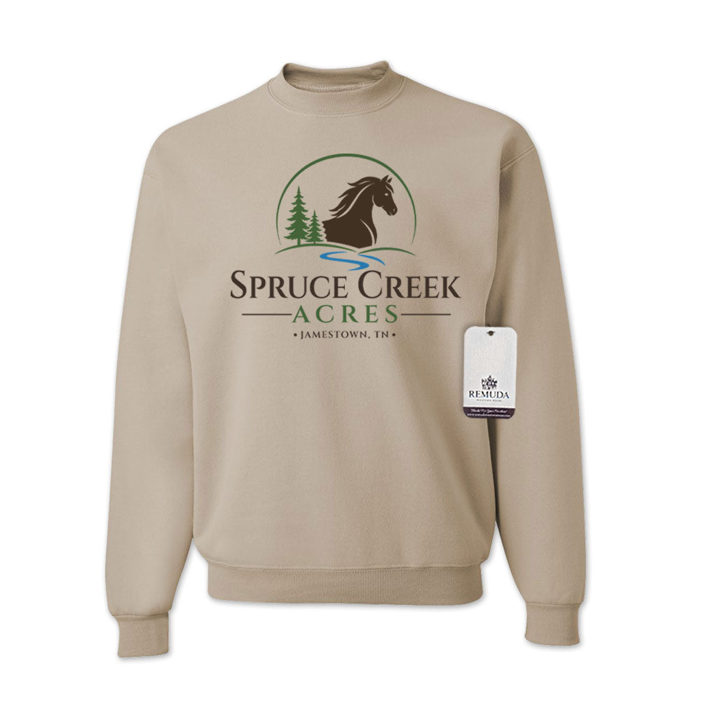 Spruce Creek Acres Adult Unisex Crewneck Sweatshirt featuring the Spruce Creek Acres community design in a Sandstone Tan color. Comfortable western casual apparel celebrating the equestrian lifestyle in Tennessee's beautiful Big South Fork region.