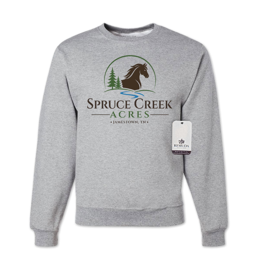 Spruce Creek Acres Adult Unisex Crewneck Sweatshirt featuring the Spruce Creek Acres community design in a Heather Gray color. Comfortable western casual apparel celebrating the equestrian lifestyle in Tennessee's beautiful Big South Fork region.