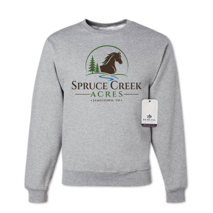 Spruce Creek Acres Adult Unisex Crewneck Sweatshirt featuring the Spruce Creek Acres community design in a Heather Gray color. Comfortable western casual apparel celebrating the equestrian lifestyle in Tennessee's beautiful Big South Fork region.