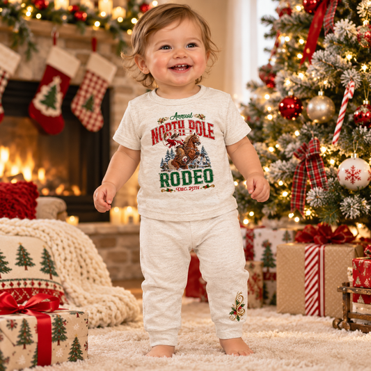 Smiling toddler wearing an oatmeal-colored North Pole Rodeo two-piece Christmas pajama set, standing barefoot in a cozy holiday living room with a lit fireplace, decorated Christmas tree, wrapped presents, and soft festive lights. The shirt features Cowboy Santa riding a rearing horse with red and green North Pole Rodeo lettering.