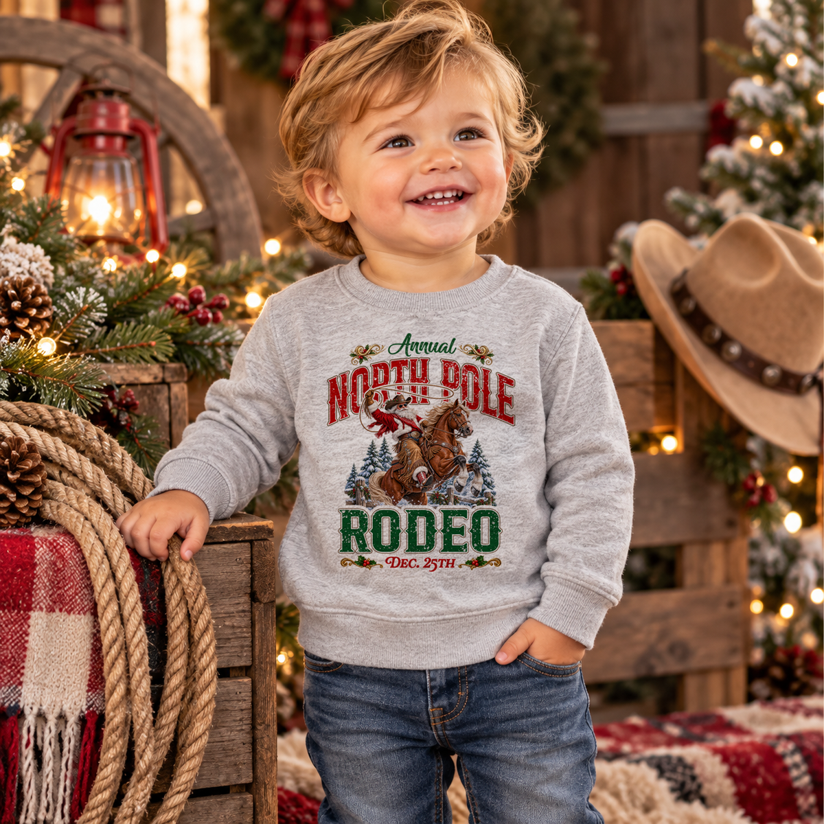 A smiling toddler around 18 months old wears a heather gray North Pole Rodeo Christmas sweatshirt with Cowboy Santa riding a bucking horse, standing in a cozy Western holiday setting with rustic wood, rope, a cowboy hat, pine garland, twinkle lights, and festive winter decor.