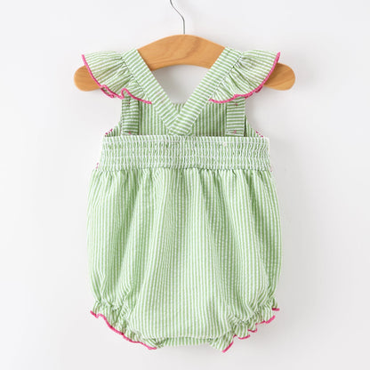 Back of Green striped western boots and cactus baby romper with pink accents on a white background