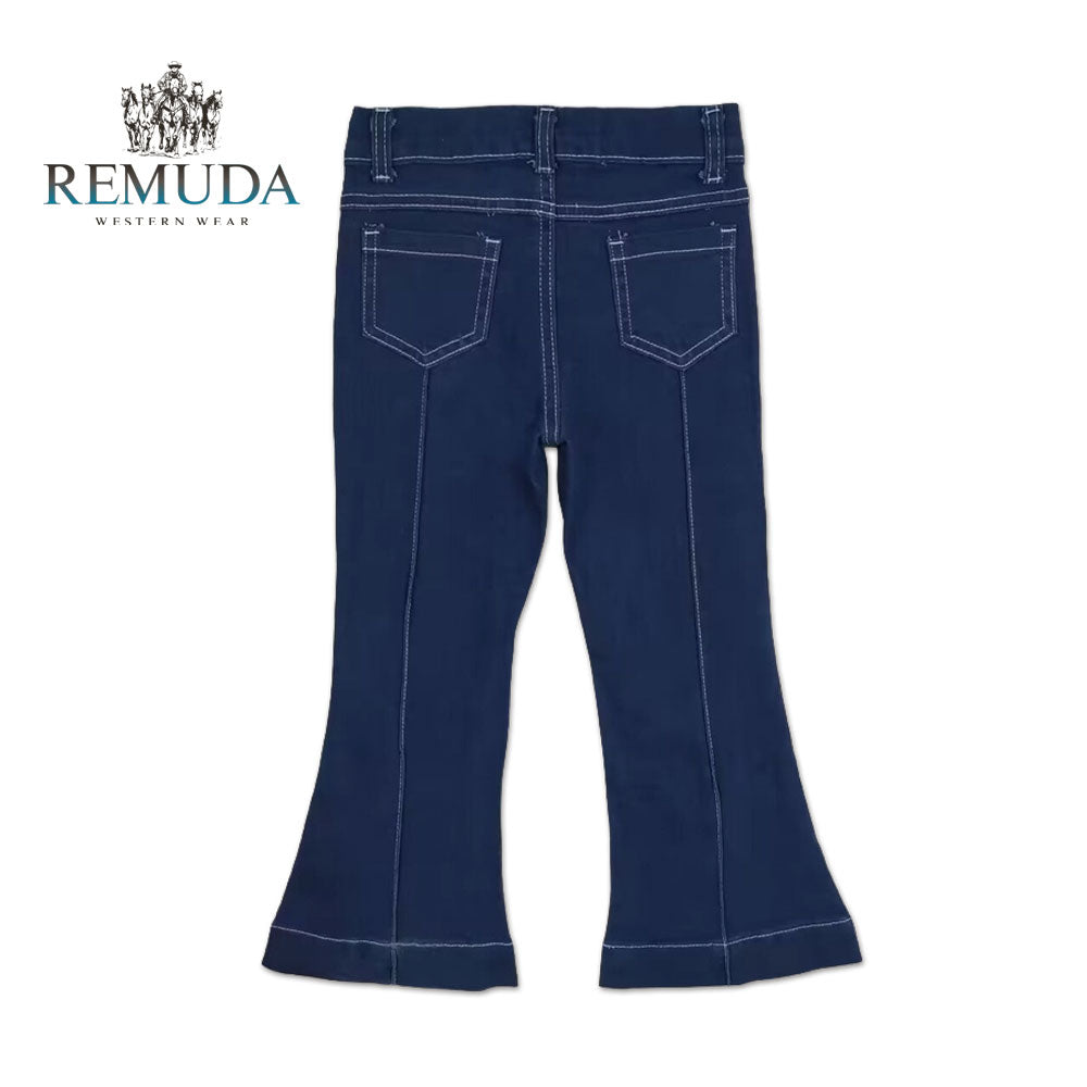 The back of Western baby girl flare denim jeans featuring a bell bottom fit, soft denim, and classic back pockets.