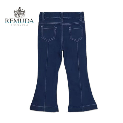 The back of Western baby girl flare denim jeans featuring a bell bottom fit, soft denim, and classic back pockets.