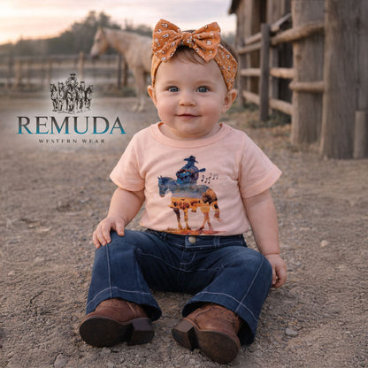 Western baby girl flare denim jeans featuring a bell bottom fit, soft denim, and classic back pockets.