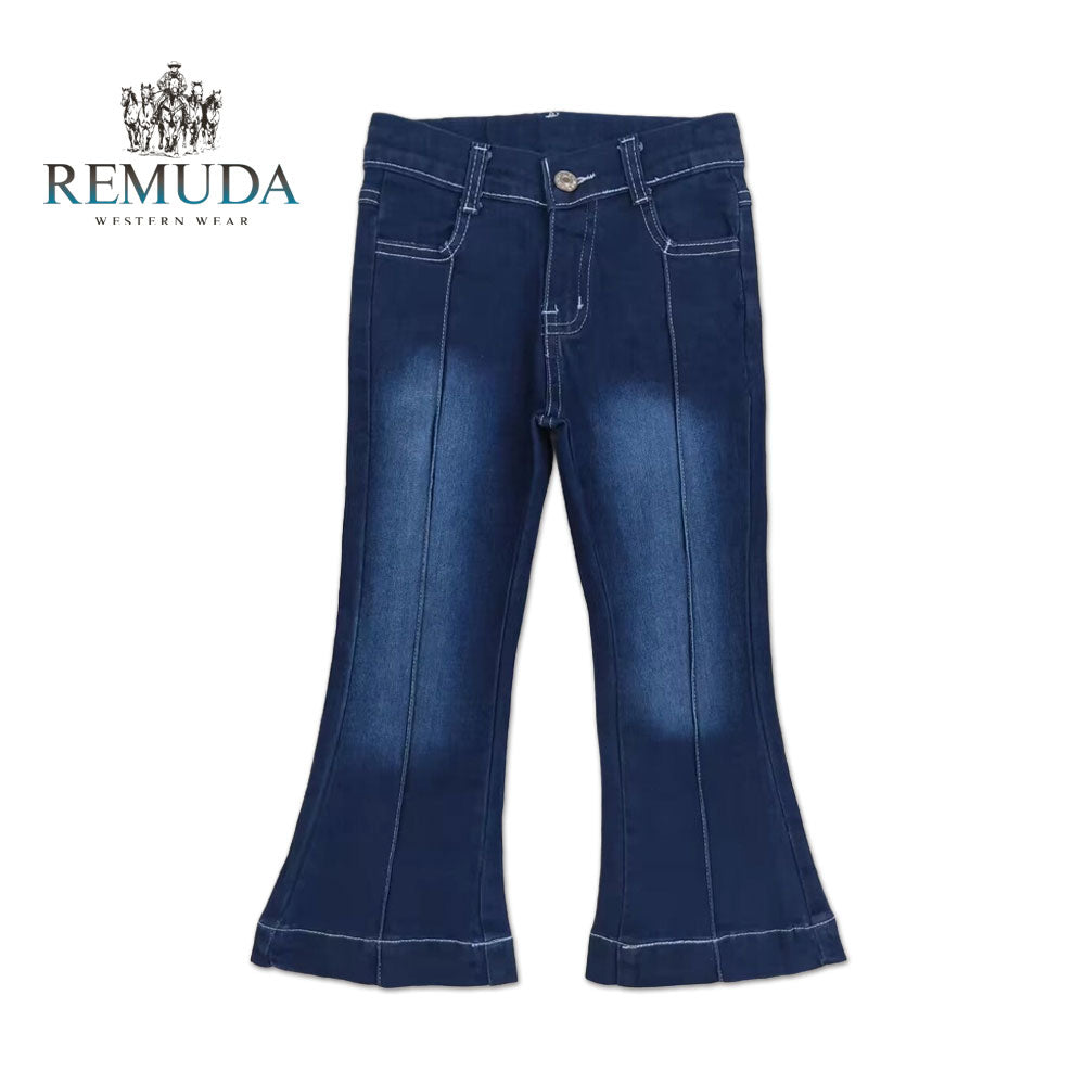 Western baby girl flare denim jeans featuring a bell bottom fit, soft denim, and classic back pockets.