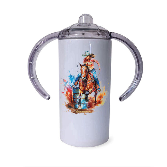 A children's western style sippy cup tumbler, featuring a colorful rodeo cowgirl barrel racer going around a barrel.