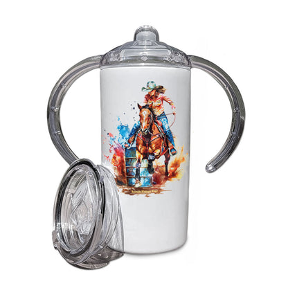 A children's western style sippy cup tumbler, featuring a colorful rodeo cowgirl barrel racer going around a barrel.