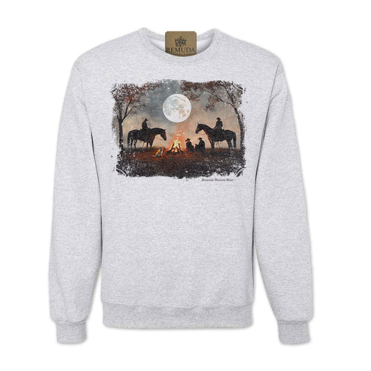 Bonfires & Broomtails adult western sweatshirt with horses and cowboys around a campfire in Ash Grey color