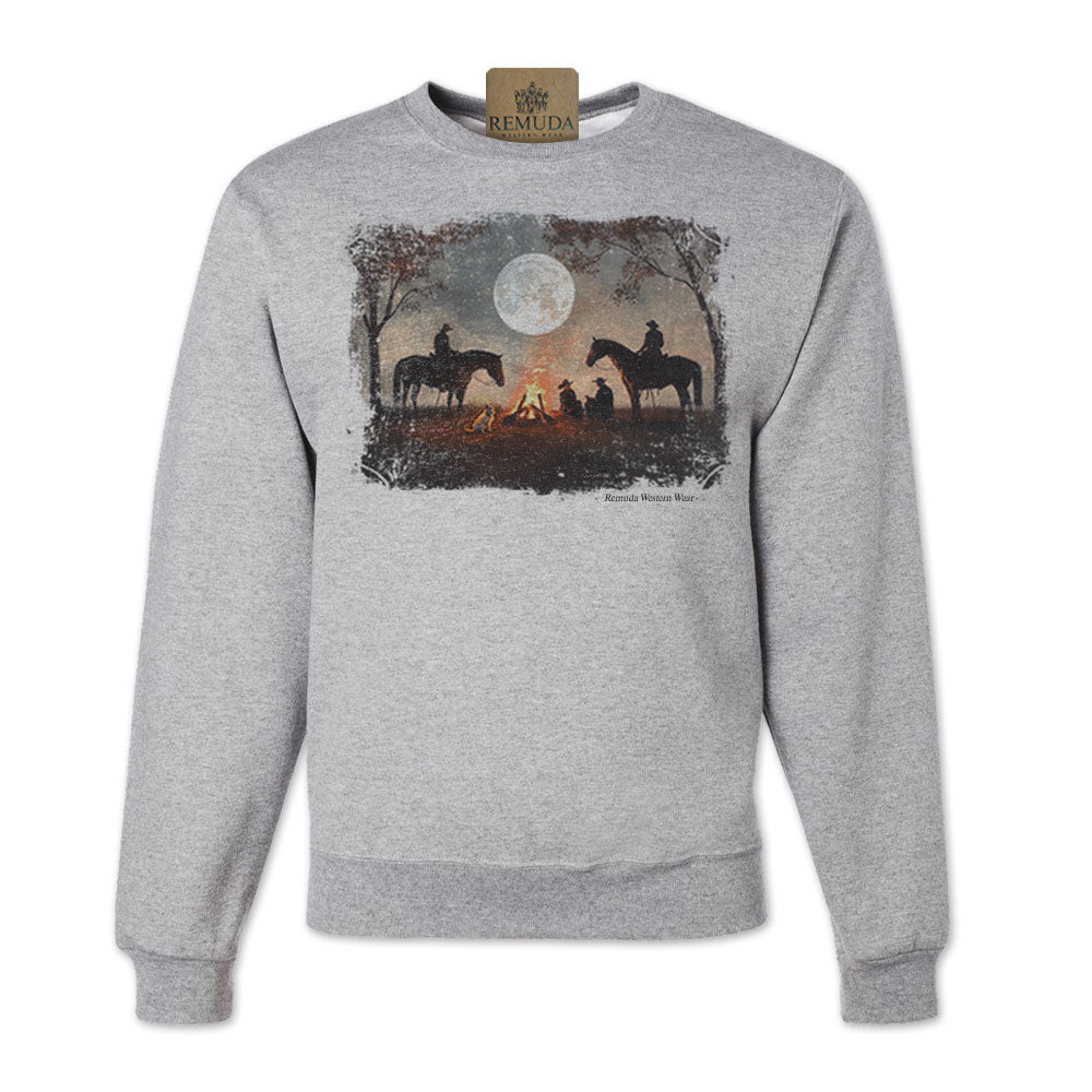 Bonfires & Broomtails adult western sweatshirt with horses and cowboys around a campfire in Athletic Heather Grey color