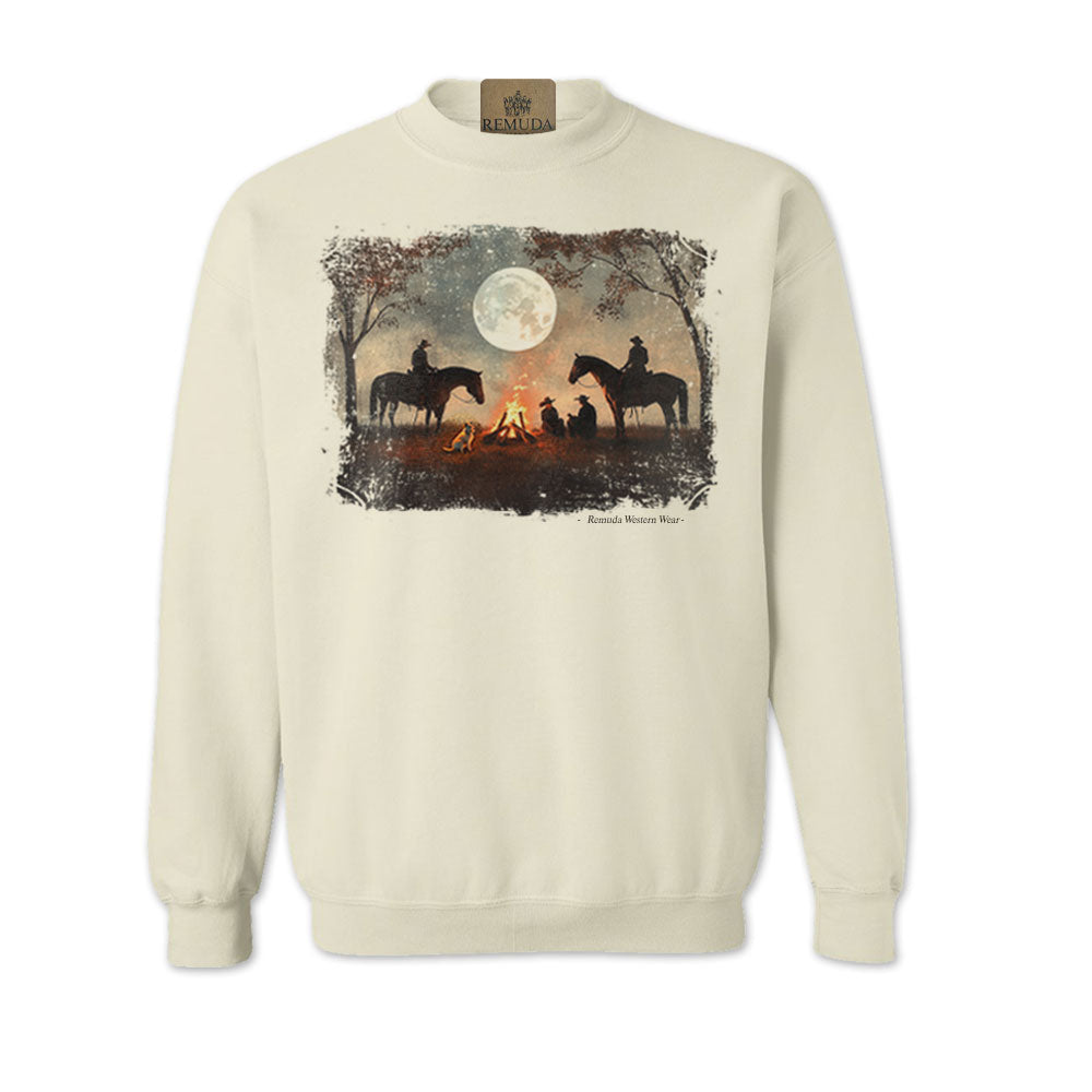 Bonfires & Broomtails adult western sweatshirt with horses and cowboys around a campfire in Sand color