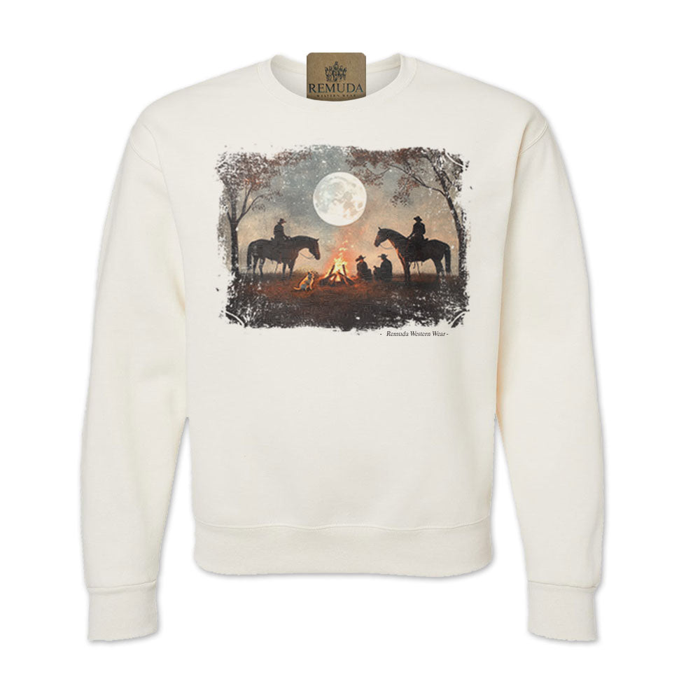 Bonfires & Broomtails adult western sweatshirt with horses and cowboys around a campfire in Sweet Cream Heather color