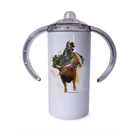 A children's western style sippy cup tumbler, featuring a colorful rodeo cowboy bull rider on a bucking bull.