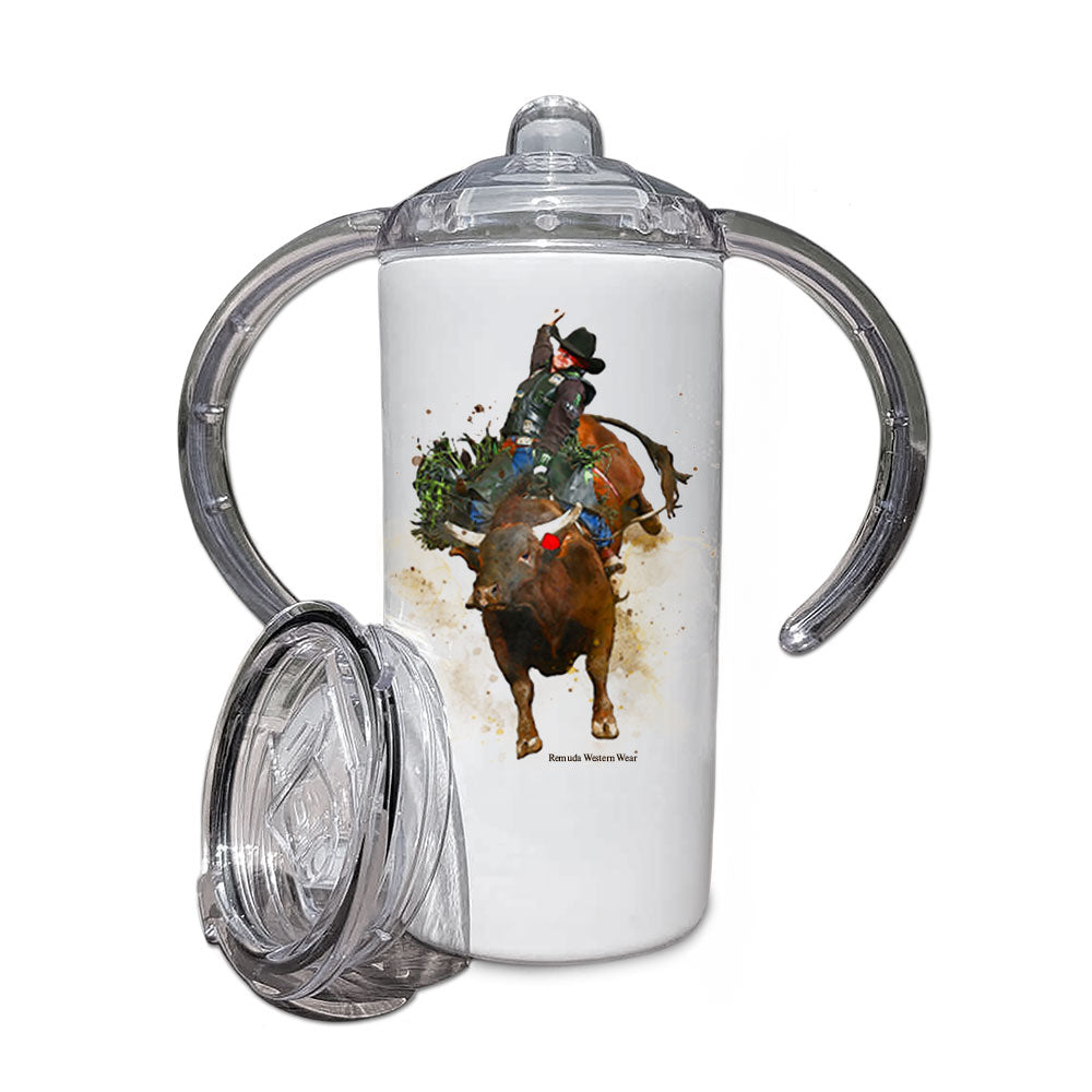 A children's western style sippy cup tumbler, featuring a colorful rodeo cowboy bull rider on a bucking bull.
