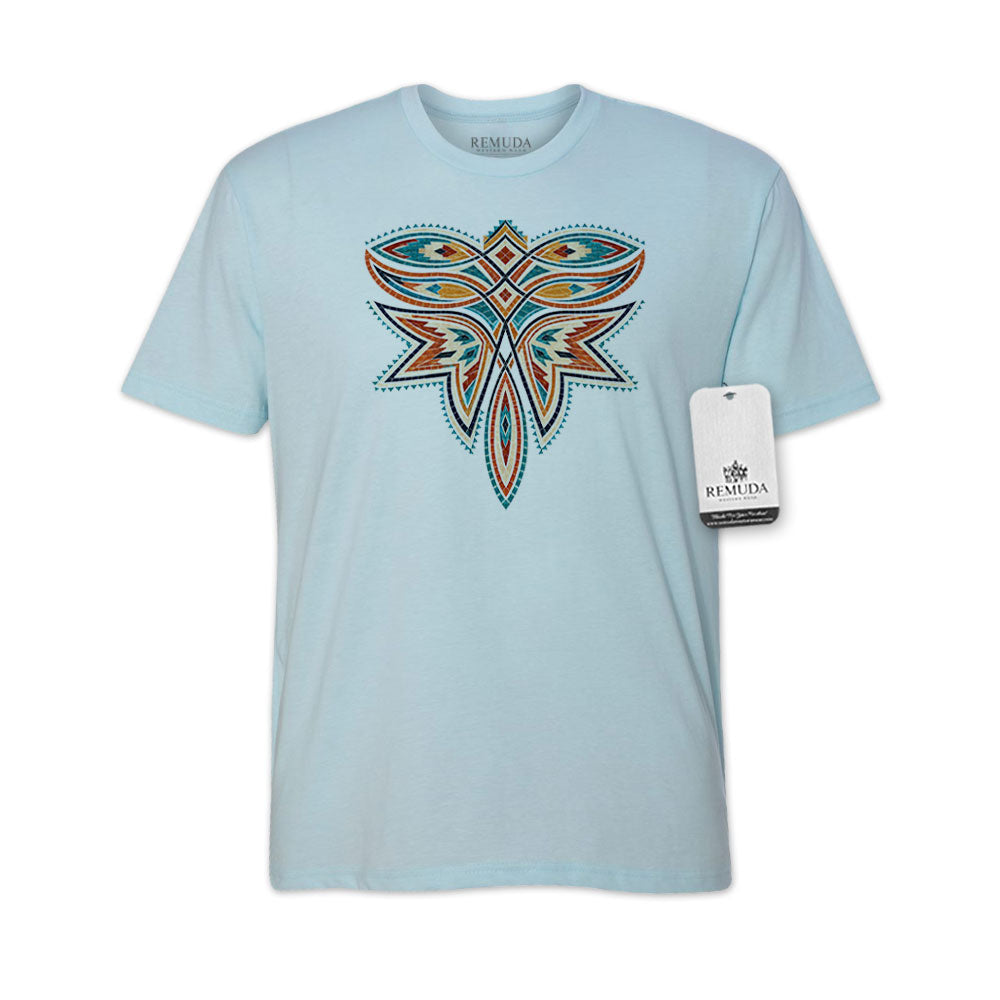 A light blue short-sleeve t-shirt with a colorful mosaic boot stitch graphic on the chest, featuring a white REMUDA WESTERN WEAR  brand hangtag on the right side, set against a plain white background.