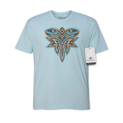 A light blue short-sleeve t-shirt with a colorful mosaic boot stitch graphic on the chest, featuring a white REMUDA WESTERN WEAR  brand hangtag on the right side, set against a plain white background.