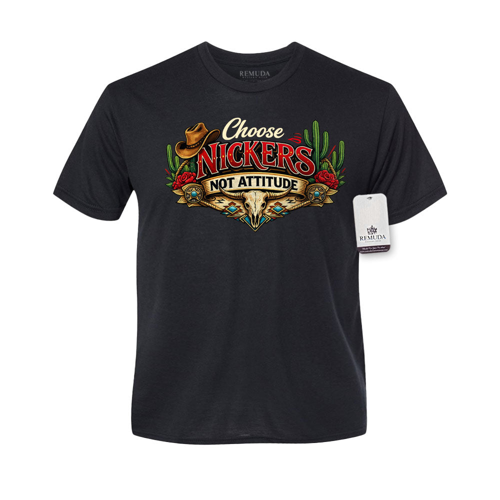 Choose Nickers Not Attitude Adult Unisex Western Watercolor Tee T-Shirt in heather black with a colorful DTF transfer