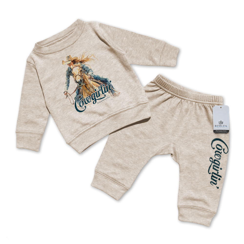 Cowgirlin' Infant Girls Western 2 Piece Sweatsuit Oatmeal