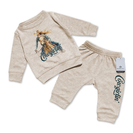 Cowgirlin' Infant Girls Western 2 Piece Sweatsuit Oatmeal