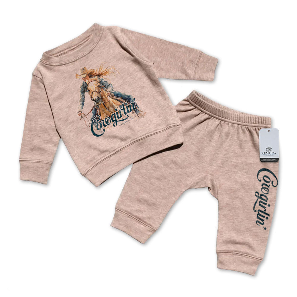 Cowgirlin' Infant Girls Western 2 Piece Sweatsuit Sandstone