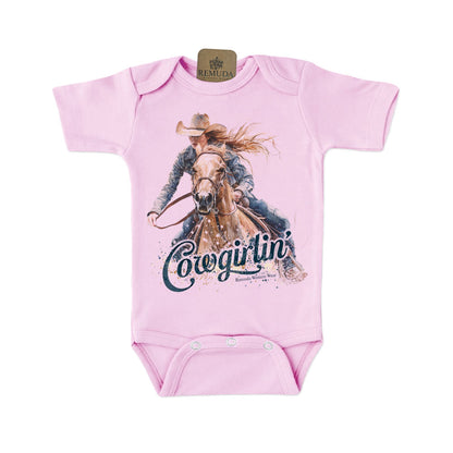 Cowgirlin' Short Sleeve Infant Western One Piece Romper Pink