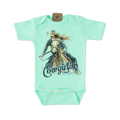 Cowgirlin' Short Sleeve Infant Western One Piece Romper Turquoise